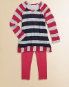 Two tones of wide rugby stripes on a cozy waffle knit with subtle sparkle join solid jersey leggings in this delightful duo. TopScoop necklineLong raglan sleevesVertical striped hem Pants Elastic waistbandSmooth jerseySlim legging fitTop: rayon/modal/cotton/LurexPants: cotton/modal/spandexMachine washImportedAdditional InformationKid's Apparel Size Guide 