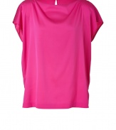 Up the ante on easy elegance with Vinces hot pink boatneck silk top - Short sleeves and flattering, wide neckline - Drape detail at collar - On trend, boxy cut crops just below hips - Key hole at back - Pair with skinny jeans, shorts, pencil skirts or cropped trousers