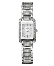 Refined, feminine style for her. This Caravelle by Bulova watch features a mixed metal bracelet and case with crystal detailing. Crystal-accented bezel. Silvertone dial with logo and stick indices. Quartz movement. Water resistant to 30 meters. Three-year limited warranty.