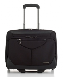 Out of the office? This rolling briefcase keeps business at hand with a heavy-duty construction that protects all of the essentials. Featuring a dual-padded laptop compartment and two exterior quick stash pockets for last-minute travel items, this all-business tag along makes the office wherever you are.