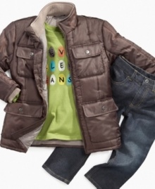 Get the ball rolling. He'll love playing in this puffer jacket, long sleeve shirt and jeans set from Calvin Klein, a style that's as tough as him.