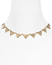 Gold doesn't get any more edgy than this. Not only does this House of Harlow 1960 statement necklace flaunt etched detailing, but it's crafted from 14-karat gold plated metal for a completely mesmerizing effect.