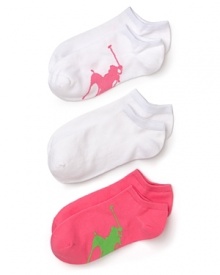 Ralph Lauren's cotton peds with a signature polo pony player printed in bright colors along sole.