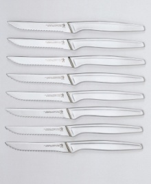 Slick and sleek with clean lines, the blades in this eight-piece knife set never need sharpening thanks to a serrated cutting edge. Continuous stainless steel blades and handles resist corrosion. One-piece construction assures dependability. Dishwasher safe. Lifetime warranty. Model 3909-800.