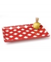 A favorite picnic-table print and classic condiment colors make this Gingham Barbecue appetizer tray and little piggy toothpick holder as indispensable as your grill.