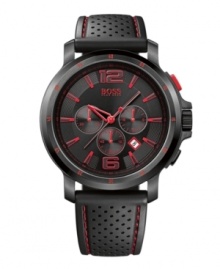 Inspire energy with this bold chronograph by Hugo Boss. Watch crafted of black perforated rubber strap with contrast stitching and round black ion-plated stainless steel case. Black chronograph dial features applied numerals at twelve and six o'clock, stick indices, date window, three subdials, three hands, logo and red accents. Quartz movement. Water resistant to 100 meters. Two-year limited warranty.