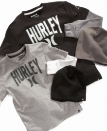 Heavyweight style. He'll love the cool slacker look of this Hurley tee and beanie, you'll love the durable construction and easy cleaning.