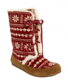 Snow may be falling but you'll stay toasty warm tucked away in the Gwendi slipper boots by Lucky Brand. A festive sweater knit and faux fur will take you away to your private winter wonderland.