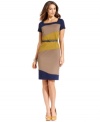 Jones New York's dress features a sleek colorblocked sheath silhouette and a waist-defining matching belt.