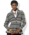 Lauren Ralph Lauren's bold pattern enriches a sophisticated shawl-collar petite sweater woven from luxe cotton jacquard for eye-catching warmth.