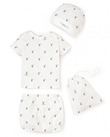 A gorgeous, very gift-able infant set, including a printed hat, tee and bloomer--all bundled in a matching drawstring bag.