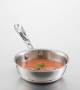 This 1-quart saucier offers superb heat conductivity and distribution. You won't get hot spots, so food cooks evenly. Stainless steel exterior layer with a band of copper for accent. The pan has a copper core surrounded by two layers of aluminum and a stainless steel cooking surface. Polished stainless steel handle stays cool during cooking and is secured with sturdy, non-corrosive rivets. Hand wash, as dishwasher use will deteriorate the pan's exterior beauty.