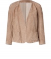 Luxe leather jacket in fine beige suede - new, feminine silhouette with gathered shoulders and deep V- lapels - long sleeves, two pockets - elegant, trendy, simply stylish - terrific alternative to the classic blazer - goes with an elegant skirt for the office as well as sexy skinny jeans