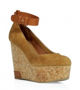 Luxe wedges in fine, light brown suede - A sexy, stylish nod to 70s chic - Adjustable tan leather ankle strap - 5 cork wedge and approximately 2 contoured cork platform - Suede upper and leather lining - Rubber sole and padded insole - Vibrant and glam, not to mention sturdy! - Pair with a sheath dress, wide-leg trousers or an A-line skirt