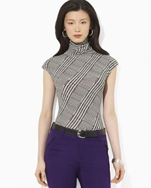 A bold houndstooth pattern adds heritage appeal to a cap-sleeve top, crafted in sleek stretch jersey for comfort.