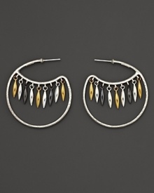 From Gurhan, a hammered white silver hoop earring with winking eye design featuring nine dangling beads in 24 Kt. yellow gold, white silver and dark silver.