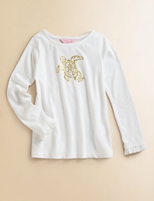 Long-sleeve crewneck with sparkly turtle print on the front, styled with feminine ruffle cuffs. Crewneck Sparkly turtle print Long sleeves with ruffle trim at cuffs Cotton/modal Machine wash Imported