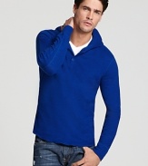 A lightweight henley-style hoodie in a soft slub weave.