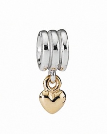 A 14K gold heart dangles from a shiny sterling silver ring. Charm by PANDORA.