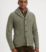 Imbued with heritage appeal, a classic cable-knit cardigan is crafted from a warm wool-cashmere blend with a refined shawl collar.Button-frontShawl collarWaist patch pocketsRibbed knit cuffs and hem88% lambswool/22% woolDry cleanImported