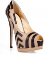 Amp up any ensemble with these ultra-chic patterned pumps - Peep-toe style, contrasting leather detailing, front platform with solid black super high heel - Style with a pencil-cut sheath dress, fishnets, and a draped leather jacket