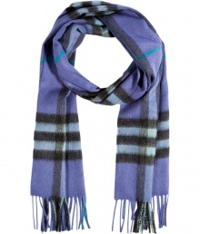 The classic Burberry London check scarf gets a cool-hue makeover with this light purple cashmere iteration - Classic tartan print, easy to style length, fringed trim - Style with a cashmere pullover, skinny jeans, a sleek parka, and ankle boots