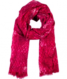 Punctuate your cool weather wardrobe with statement-making accessories like this fuchsia Marc by Marc Jacobs wool scarf - Chic, all-over dragon scale print - Moderately long and wide, with delicate fringe trim at hem - An ideal complement to streamlined ensembles - Pair with everything from a pullover and jeans or a knit dress and leather jacket to a trench and cigarette trousers