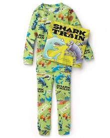 This Books to Bed Shark vs. Train pajama set includes the book and pajamas adorned with characters from the beloved children's story.