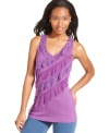 Lace and swiss-dot ruffles race asymmetrically across a tank top that's all about feminine flourish! From Eyeshadow.