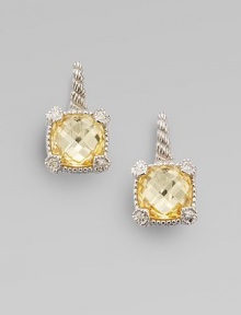 From the Linen Collection. A small cushion-cut canary crystal shimmers in a sterling silver setting, accented by white sapphires.Canary crystalWhite sapphireSterling silverLength, about ¾Ear wireImported