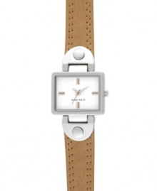 Smooth and modern, this Nine West watch dresses up or down for any occasion. Crafted of brown leather strap and rectangular silver tone case. White dial features silver tone applied stick indices, hour and minute hands, sweeping second hand and logo at six o'clock. Quartz movement. Limited lifetime warranty.