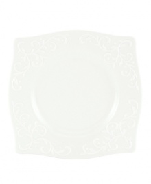 An elegant white-on-white pattern, embossed vine motif and interior glaze adorn this accented plate from Lenox dinnerware. The dishes from the Opal Innocence Carved square plates collection get your table set for refined dining every day. Qualifies for Rebate