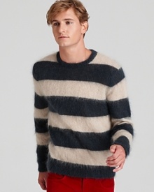 Set off this super-fuzzy fun stripe sweater from MARC BY MARC JACOBS with a pair of colorful cords for a winning combination.