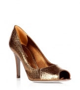 Classic bronze snake print peep-toe pumps from Sergio Rossi - These regal yet fashion-forward pumps bring refined chic to any outfit - Peep-toe style, all-over snake print leather, stiletto heel - Pair with fishnets, an A-line mini dress, and a slim trench