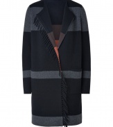 Finish your casual look on an exquisitely luxe note with Akris black-multi reversible cashmere cardigan, detailed with fringe trim and a contrast striped reverse for an ultra chic, contemporary finish - Rounded neckline, long sleeves, slit cuffs, front patch pockets - Long fitted cut - Pair with immaculately tailored separates