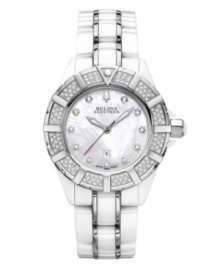 Indulge in the exquisite craftsmanship of this Mirador collection watch by Bulova Accutron. White ceramic and stainless steel bracelet and round case with curved sapphire crystal. Bezel and mother-of-pearl dial feature 139 hand-set diamond accents. Dial also features date window at six o'clock, logo at twelve o'clock and three silver tone hands. Swiss quartz movement. Water resistant to 50 meters. Five-year warranty.