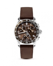 A stylish brown dial with three-eye functionality and chronograph movement is offset by gleaming stainless steel and a luxe leather strap in this contemporary timepiece from Victorinox.