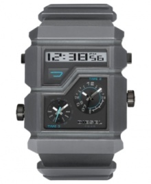 A retro digital look gives this multifunctional Diesel watch a sleek modern lift. Grey plastic bracelet and rectangular case. Rectangular dial with digital read and two subdials. Quartz movement. Water resistant to 50 meters. Two-year limited warranty.