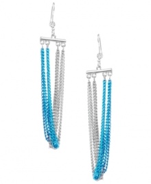 Stir up a style frenzy in chic swag earrings by Haskell. Silver and turquoise-colored chains combine for a statement-making effect. Crafted in silver tone mixed metal with a small crystal accent. Approximate drop: 4-1/10 inches.