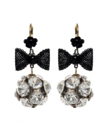 Bring a little Studio 54 flavor to the table with chic disco ball-inspired earrings.  Flashy crystal fireballs dangle from bold, black ribbon and flower drops. Betsey Johnson earrings crafted in antique gold tone mixed metal. Approximate drop: 1-1/2 inches.