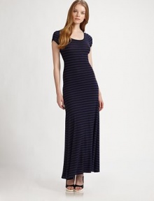 A comfortable, easy-to-wear maxi dress made pf soft-stretch material for a fitted silhouette. ScoopneckShort cap sleevesAllover horizontal stripesSolid trim at neckline and cuffsAbout 56¼ from natural waist96% lyocell/4% spandexMachine washImportedModel shown is 5'10 (177cm) wearing US size Small.