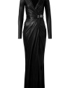 Luxurious evening gown made of fine black viscose - Glamorous, slightly shiny look - Feminine slim, floor-length cut - With elegant wrap draping, decoratively gathered at the waist - Sexy plunging V-neck and long sleeves - A dream dress for all festive occasions, semi Black Tie dress code and up - Best worn with high sandals