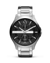 Sporty style gets extra sleek on this watch from Armani Exchange. Crafted of stainless steel, it flaunts a bold look with textured two eye chronograph and silvery accents.