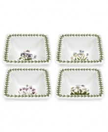 Bring the glorious outdoors right to your table. This set of floral square mini bowls makes every side, snack or small treat attractive. Each bowl has a different motif: daisy, cyclamen, pansy and forget-me-not.