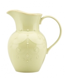 With fanciful beading and an antiqued edge, this Lenox French Perle pitcher has an irresistibly old-fashioned sensibility. Hardwearing stoneware is dishwasher safe and, in a soft pistachio hue, a graceful addition to every meal. Qualifies for Rebate