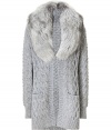 Make a stunning statement at your neckline with Michael Kors ultra luxurious fur trimmed cardigan - Removable fur collar, long sleeves, contrast ribbed trim, front pockets, long and open silhouette, slim straight fit - Pair with leather leggings and sleek ankle boots