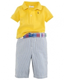 A classically preppy set includes a cotton mesh polo, seersucker short and coordinated madras ribbon belt.