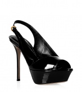 Super sexy black patent platform sandals from Sergio Rossi - Conjure you inner sex kitten in these undeniably sultry heels - Patent leather with front platform and stiletto heel - Pair with fishnets, a pencil-cut sheath dress, and a statement necklace