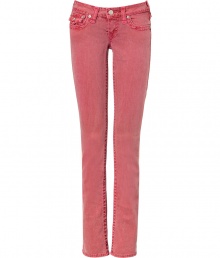 Colorful jeans are de rigueur this season, and True Religions red pants offer a chic twist on a summer staple - Faded, antique rinse has a look of well-worn cool - Low rise, with belt loops, zip fly and button closure - Flattering signature  triangular flap pockets at rear and right hip - Straight, slim leg - Pair with  t-shirts, button downs and silk blouses