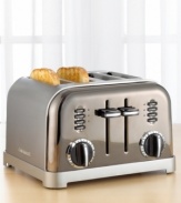 This tasty toaster is dressed up in a brilliant brushed stainless steel housing with chrome and black accents. Custom controls defrost and toast bagels and breads, four at a time, right to your tastes. Three-year warranty.